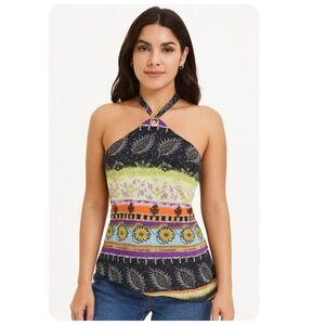 FLAMINGO Asymmetrical Floral Halter Top Medium